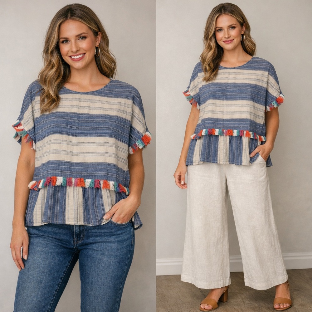 ANDREE BY UNIT Blue and Cream Striped Tassel-Trim Short Sleeve Top